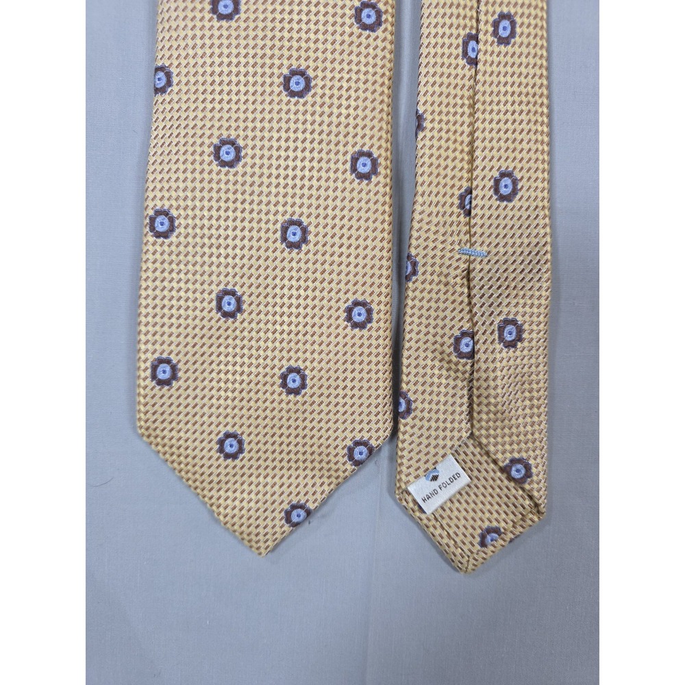 Peter Millar Silk Tie Yellow/Beige Geometric Designer Pattern Hand Folded Mens